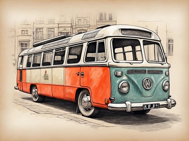 Auf dem Bild ist ein bunter Volkswagen Bus zu sehen, der in der Mitte der Aufnahme steht. Der Bus hat eine auffällige Farbgebung in Orange und Grün, mit einer weißen Linie zwischen den Farben. Die Frontpartie ist hauptsächlich in Grün gehalten, mit dem emblematischen Volkswagen Zeichen. Im Hintergrund sind unscharfe, historische Gebäude zu erkennen, die auf eine städtische Umgebung hinweisen. Der Bus vermittelt ein nostalgisches Gefühl und erinnert an vergangene Zeiten. Die gesamte Komposition hat einen skizzenhaften, künstlerischen Stil, der die Details des Fahrzeugs hervorhebt.