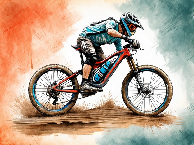 Auf dem Bild ist ein Mountainbiker zu sehen, der offenbar auf einer unbefestigten Strecke fährt. Er trägt einen Helm, eine Schutzbrille und passende Sportbekleidung, die für Langstrecken-Mountainbiking optimal ist.Die ideale Bekleidung für Langstrecken-Mountainbiking umfasst atmungsaktive und feuchtigkeitsableitende Materialien, um den Komfort zu erhöhen. Eine gut sitzende Jersey (Trikot) sorgt für Bewegungsfreiheit, während eine gepolsterte MTB-Hose den Sitzkomfort verbessert. Schutzausrüstung wie Knieschützer und Handschuhe ist ebenfalls wichtig, um Verletzungen zu vermeiden. Außerdem sind spezielle Fahrradschuhe empfehlenswert, die einen guten Halt auf den Pedalen bieten.