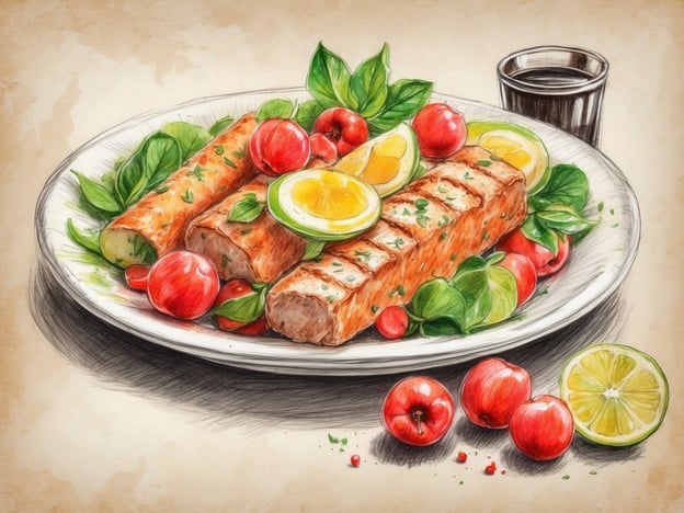 Auf dem Bild ist ein appetitlich angerichteter Teller mit gegrilltem Fleisch oder Fisch zu sehen, der von frischem Gemüse und aromatischen Kräutern begleitet wird. Dazu gibt es Zitronen- und Limenscheiben sowie einige kleine Tomaten, die das Gericht farbenfroh ergänzen. Ein Glas einer dunklen Flüssigkeit steht ebenfalls auf dem Tisch.
In einem Hotel könnten solch kulinarische Angebote Teil eines vielseitigen Buffets oder einer à la carte Speisekarte sein, die regionale und internationale Spezialitäten anbietet. Das Gericht könnte beispielsweise in einem Gourmetrestaurant genossen werden, das Wert auf frische und geschmackvolle Zutaten legt. Die Kombination aus Gemüse und gesunden Beilagen spricht zudem Gäste an, die Wert auf eine ausgewogene Ernährung legen.
