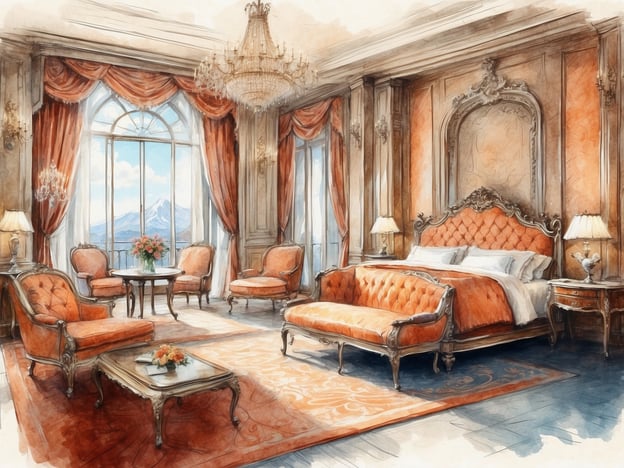 Auf dem Bild ist ein elegantes und luxuriöses Zimmer zu sehen, das eine Kombination aus Wohn- und Schlafbereich darstellt. Typische Einrichtungen und Services könnten Folgendes beinhalten:
1. **Schlafbereich**: Ein großes, komfortables Bett mit dekorativen Kissen und einer eleganten Bettwäsche.
2. **Sitzmöbel**: Mehrere stilvolle Sessel und ein Couch, die zum Entspannen einladen.
3. **Tisch**: Ein kleiner Tisch in der Mitte, ideal für Getränke oder Snacks.
4. **Dekoration**: Ein Blumengesteck und geschmackvolle Vorhänge, die für ein angenehmes Ambiente sorgen.
5. **Lichtquellen**: Mehrere Lampen und ein Kronleuchter, die für ausreichend Beleuchtung sorgen.
6. **Fenster**: Große Fenster mit Ausblick auf eine Berglandschaft, die natürliches Licht hereinlassen.
7. **Bodenbelag**: Ein feiner Teppich, der den Raum zusätzlich gemütlich macht.
Solch ein Raum könnte in einem hochwertigen Hotel oder einer luxuriösen Suite zu finden sein, wobei Annehmlichkeiten wie Zimmerservice oder Concierge-Dienste angeboten werden könnten.