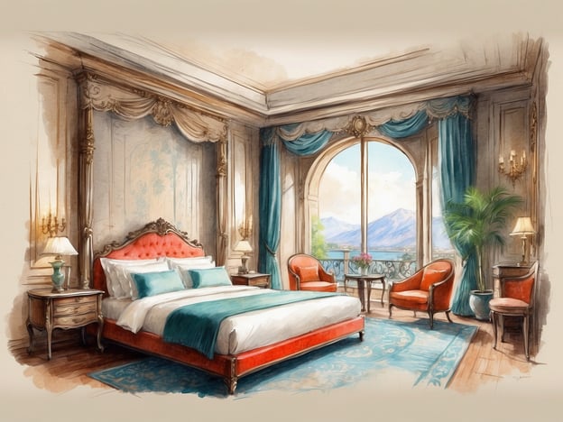 Auf dem Bild ist ein stilvolles Schlafzimmer zu sehen, das Eleganz und Komfort ausstrahlt. Der große, gepolsterte Bett mit rotem Kopfteil lädt zu einem entspannenden Schlaf ein und wird von sanften Kissen in Türkis ergänzt.
Die Wände sind mit geschmackvollem Dekor versehen, während die Fenster eine atemberaubende Aussicht auf eine bergige Landschaft bieten. Die hellen Vorhänge und der Teppich in sanften Farben schaffen eine helle und einladende Atmosphäre.
In der Ecke stehen stilvolle Sessel, die zu einem gemütlichen Beisammensitzen einladen. Eine Pflanze und Tischlampen verleihen dem Raum eine angenehme Gemütlichkeit.
Insgesamt vermittelt das Zimmer ein Gefühl von Luxus und Ruhe, ideal für einen erholsamen Aufenthalt.