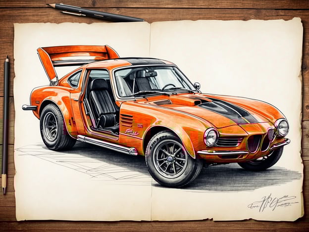 Auf dem Bild ist eine Zeichnung eines orangefarbenen Autos zu sehen, das sportlich gestaltet ist. Es hat eine charakteristische Form mit einem großen Heckspoiler und einer aggressiven Frontpartie. Die Türen sind geöffnet, was einen Blick auf das Innenraumdesign gewährt.Für längere Touren ist es wichtig, das richtige Fahrzeug zu wählen, das über Komfort, eine gute Treibstoffeffizienz und Zuverlässigkeit verfügt. Außerdem sollten geeignete Werkzeuge wie eine Notfallausrüstung, Navigationssysteme und eventuell ein Erste-Hilfe-Set dabei sein, um auf alle Eventualitäten vorbereitet zu sein.