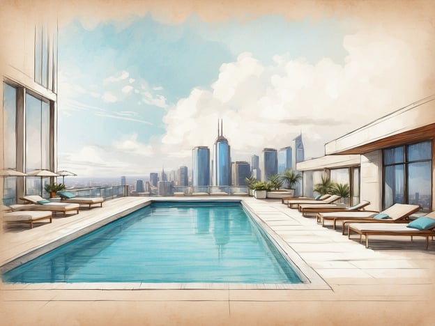 Auf dem Bild ist ein Außenpool zu sehen, der sich auf einer Dachterrasse befindet. Um den Pool herum gibt es Liegen und einen Blick auf eine moderne Stadtlandschaft mit Wolkenkratzern.Das Leonardo Hotel Barcelona Gran Via bietet Gästen eine komfortable Unterkunft in zentraler Lage. Es verfügt über moderne Annehmlichkeiten, geräumige Zimmer und oft auch einen Poolbereich, wo Gäste entspannen und die Aussicht genießen können. Das Hotel ist für seine gute Erreichbarkeit zu Sehenswürdigkeiten und eine angenehme Atmosphäre bekannt.
