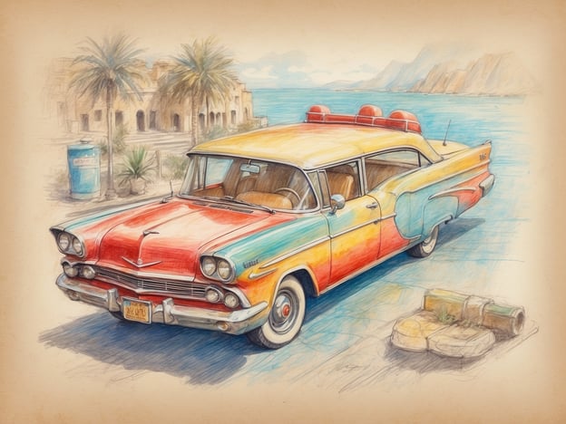 Auf dem Bild ist ein farbenfroher Oldtimer zu sehen, der an einer Strandpromenade parkt. Der Wagen hat ein auffälliges Design mit Leuchtend Rot, Gelb und Blau. Die Umgebung ist von Palmen und einem Meerblick geprägt, was eine entspannte, sommerliche Atmosphäre vermittelt.Kundenbewertungen zu ähnlichen Oldtimern heben oft die Nostalgie und den Charme dieser Fahrzeuge hervor. Viele schätzen die handwerkliche Verarbeitung und die Robustheit, die solche Autos verkörpern. Nutzer berichten auch von der Freude, die das Fahren eines Oldtimers mit sich bringt, und sehen es als ein Erlebnis, das Erinnerungen weckt. Zudem loben viele die Aufmerksamkeit, die sie im Verkehr auf sich ziehen, was für einen gewissen Lebensstil und Individualität steht.