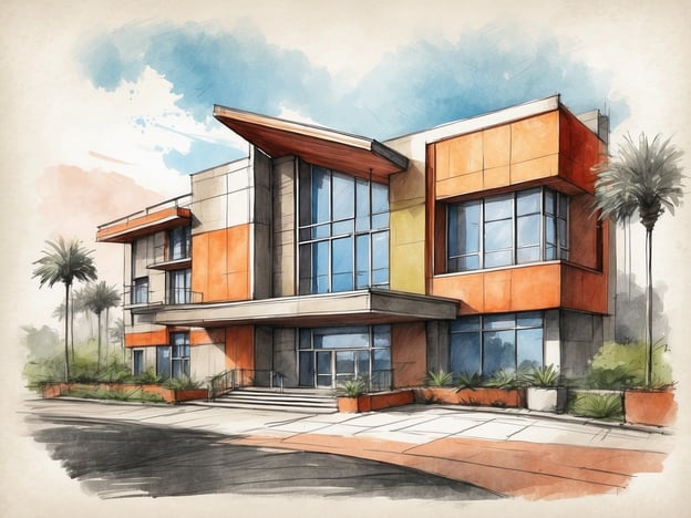 Auf dem Bild ist ein modernes Gebäude zu sehen, das durch seine auffällige Architektur mit geometrischen Formen und verschiedenen Farben, insbesondere Orange und Grau, besticht. Die große Fensterfront sorgt für viel natürliches Licht und vermittelt einen einladenden Eindruck.
In der Umgebung sind Palmen und grüne Pflanzen zu sehen, die eine angenehme, tropische Atmosphäre schaffen. Die Lage wirkt urban und freundlich, was darauf hindeutet, dass das Gebäude möglicherweise in einer Stadt mit einem warmen Klima steht.
Die Annehmlichkeiten könnten umfassen, dass es sich um ein Bürogebäude, ein Geschäftszentrum oder möglicherweise Wohnräume handelt, die modernen Komfort und Zugang zu Freizeitmöglichkeiten bieten. Die breiten Gehwege und der klare Eingangsbereich unterstreichen die Zugänglichkeit und Sicherheit des Standorts.