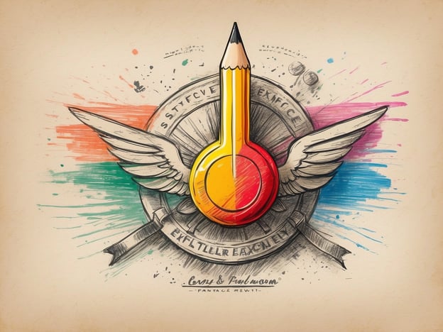 Auf dem Bild ist ein künstlerisches Logo zu sehen, das wahrscheinlich eine Kombination aus Bildung und Kreativität darstellt. Der Bleistift mit Flügeln symbolisiert Inspiration und die Idee des kreativen Schaffens. Die bunten Farbkleckse im Hintergrund könnten für Vielfalt und dynamisches Denken stehen.
Die Gestaltung erinnert an moderne Illustrationen, die oft in Bereichen wie Grafikdesign oder Werbung verwendet werden. Solche Designs erhalten häufig positive Gästebewertungen für ihre Kreativität und visuelle Anziehungskraft. Nutzer schätzen oft die Möglichkeit, dass solche Kunstwerke sowohl ansprechend als auch bedeutungsvoll sind.