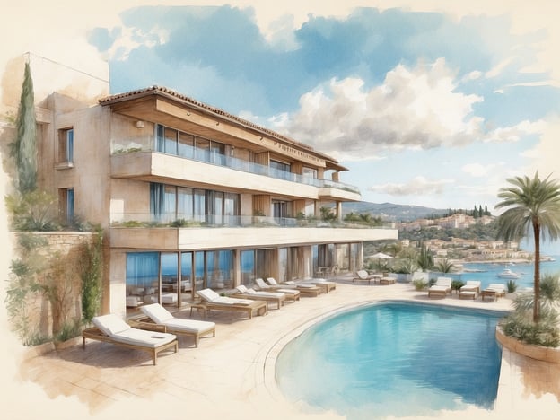 Auf dem Bild ist eine elegante und moderne Hotelanlage zu sehen, die an ein Resort erinnert. Es gibt einen großen Pool, Liegen zum Entspannen und eine wunderschöne Aussicht auf das Meer. Die Architektur wirkt stilvoll mit großen Fenstern, die viel Licht hereinlassen. In der Umgebung sind Palmen und grüne Pflanzen, die eine entspannte Urlaubsatmosphäre schaffen.Über das Leonardo Boutique Hotel Mallorca Port Portals: Dieses Hotel befindet sich in der malerischen Umgebung von Port Portals und bietet luxuriöse Annehmlichkeiten sowie direkten Zugang zu der schönen Küste Mallorcas. Gäste können hier entspannen, die mediterrane Küche genießen und sich in einem modernen Ambiente erholen.