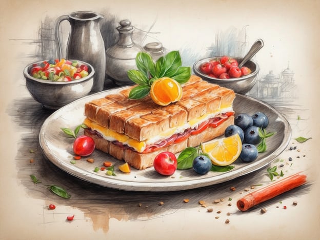 Auf dem Bild sind verschiedene kulinarische Genüsse zu sehen. Im Vordergrund liegt ein appetitliches Sandwich, das aus mehreren Schichten besteht, darunter Käse und möglicherweise Schinken. Daneben gibt es frisches Obst wie Kirschen, Heidelbeeren und Zitronen, die für ein frisches und fruchtiges Aroma sorgen.Außerdem ist eine Schüssel mit einem bunten Salat im Hintergrund platziert, was eine gesunde Ergänzung darstellt. Die Anordnung auf einem rustikalen Teller und die kleinen dekorativen Elemente wie Kräuter verleihen dem Gesamtbild eine einladende Atmosphäre, die man in einer gemütlichen Bar oder einem Café finden könnte.