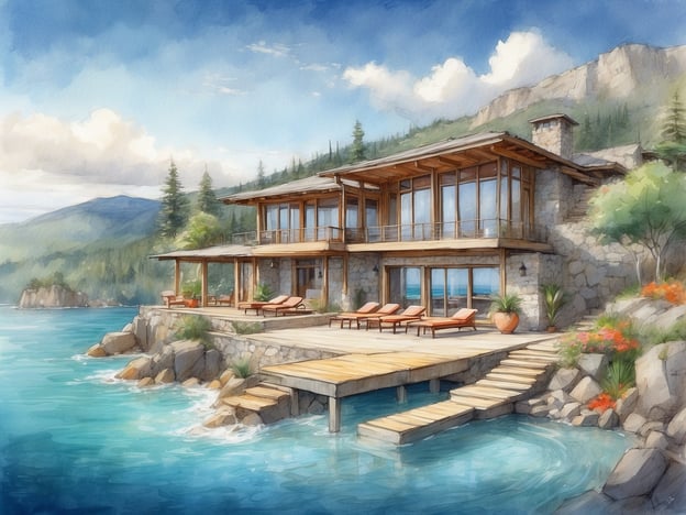 Auf dem Bild ist ein wunderschönes Grundstück zu sehen, das direkt am Wasser liegt. Es handelt sich um ein modernes, stilvolles Haus mit großen Fenstern, die einen herrlichen Blick auf die Landschaft ermöglichen. Vor dem Haus gibt es eine großzügige Terrasse mit Liegen, ideal zum Entspannen und Sonnenbaden.Zusätzlich gibt es einen Holzsteg, der ins Wasser führt, was Möglichkeiten für Freizeitaktivitäten wie Schwimmen oder Bootsfahrten bietet. Die Umgebung ist grün und malerisch, perfekt für Spaziergänge in der Natur oder andere Outdoor-Aktivitäten. Insgesamt strahlt das Bild eine Atmosphäre von Entspannung und Wellness aus, ideal für einen erholsamen Urlaub.