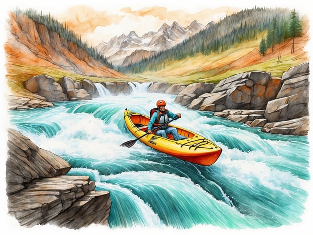 Auf dem Bild ist ein Wildwasser-Kayakfahrer zu sehen, der durch einen reißenden Fluss paddelt. Um sicher Wildwasser-Kajak zu fahren, sollten folgende Sicherheitstipps beachtet werden:1. **Schutzausrüstung tragen**: Immer einen Helm und eine Schwimmweste anlegen, um sich vor Verletzungen zu schützen.2. **Kenntnis des Gewässers**: Informiere dich über den Fluss, die Strömungen und mögliche Gefahrenstellen.3. **Geeignetes Equipment**: Verwende ein passendes Kajak für die Wasserbedingungen und überprüfe die Ausrüstung vor der Fahrt.4. **Gruppen fahren**: Fahre möglichst in einer Gruppe, um im Notfall Hilfe zu leisten.5. **Schwimmen können**: Stelle sicher, dass du gut schwimmen kannst, um bei einem kippen des Kajaks sicher das Wasser zu verlassen.6. **Notfallverfahren kennen**: Kenntnis von Rettungstechniken und Erste-Hilfe-Maßnahmen ist essenziell.7. **Wetterbedingungen beachten**: Überprüfe die Wettervorhersage und gehe nur bei geeigneten Bedingungen paddeln.Indem du diese Tipps beachtest, kannst du das Risiko beim Wildwasser-Kajakfahren minimieren und sicherer paddeln.