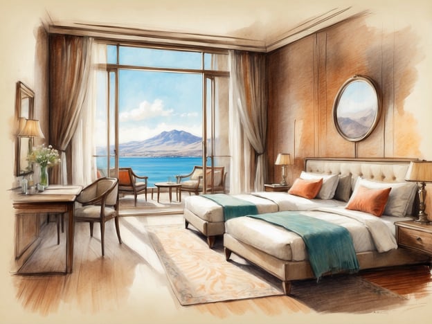 Das Bild zeigt eine stilvolle Hotelzimmer-Illustration mit zwei Einzelbetten, die elegant dekoriert sind. Der Raum ist hell und freundlich gestaltet, mit großen Fenstern, die einen herrlichen Blick auf das Meer und die Berge bieten. Es gibt einen kleinen Tisch und Stühle, sowie eine Blumenarrangement auf dem Tisch, was dem Raum eine einladende Atmosphäre verleiht.
### Überblick über das Leonardo Royal Hotel Mallorca
Das Leonardo Royal Hotel Mallorca liegt in einer idyllischen Umgebung und bietet den Gästen luxuriöse Unterkünfte mit atemberaubenden Ausblicken. Es ist bekannt für seine modernen Annehmlichkeiten, erstklassigen Service und eine Vielzahl von Freizeitaktivitäten, die den Aufenthalt unvergesslich machen. Die Zimmer sind elegant eingerichtet und bieten Komfort und Stil, ideal für Erholungssuchende und Reisende, die das mediterrane Klima genießen möchten. Die Lage des Hotels ermöglicht den Gästen einfachen Zugang zu Stränden, Sehenswürdigkeiten und lokalen kulturellen Angeboten.