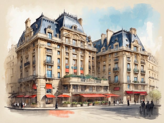 Das Bild zeigt das M Social Hotel Paris, ein elegantes Gebäude mit klassischen architektonischen Elementen. Die Fassade ist in warmen Tönen gehalten und verfügt über große Fenster mit blauen Vorhängen, darunter rot-weiße Markisen. Am Erdgeschoss sind üppige Pflanzen und die Eingänge des Hotels sichtbar. Menschen flanieren entlang des Gehweges, während einige in Richtung des Hotels gehen. Das Dach ist mit spitzen Türmchen und einem eleganten Walmansarddeck gestaltet, was dem Hotel einen charmanten, historischen Charakter verleiht.