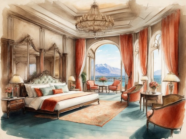 Auf dem Bild ist ein elegantes Hotelzimmer zu sehen. Es verfügt über ein großes, opulentes Bett mit luxuriöser Bettwäsche und Kissen in sanften Farben. Die Wände sind geschmackvoll dekoriert, und die großen Fenster bieten einen beeindruckenden Ausblick auf eine Berglandschaft.
Die Fenster sind mit roten Vorhängen geschmückt, die dem Raum Wärme verleihen. Es gibt elegante Möbelstücke, darunter bequeme Sessel und einen kleinen Tisch, die eine einladende Atmosphäre schaffen. Zusätzlich sorgen stilvolle Lampen und Blumenarrangements für ein angenehmes Ambiente. Insgesamt vermittelt das Zimmer einen Eindruck von Luxus und Komfort, ideal für entspannende Aufenthalte.
