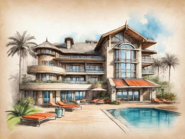 Auf dem Bild ist eine stilisierte Zeichnung eines luxuriösen Hauses zu sehen. Es präsentiert eine elegante Architektur mit großen Fenstern und Balkonen. Vor dem Haus befindet sich ein großzügiger Pool sowie eine Terrasse mit Sonnenliegen, die zum Entspannen einladen.
Zu den Annehmlichkeiten zählen:
- **Poolbereich**: Ein einladender Pool, der für Erfrischung und Freizeit dient.
- **Sonnenliegen**: Bequeme Liegen zum Entspannen in der Sonne.
- **Balkone und Terrassen**: Freiluftbereiche für die Gäste, um die Aussicht zu genießen.
- **Umgebende Pflanzen**: Grüne Pflanzen und Palmen, die eine entspannte, tropische Atmosphäre schaffen.
Der Stil des Hauses und die Annehmlichkeiten deuten auf eine luxuriöse Umgebung hin, die ideal für Erholung und Genuss ist.