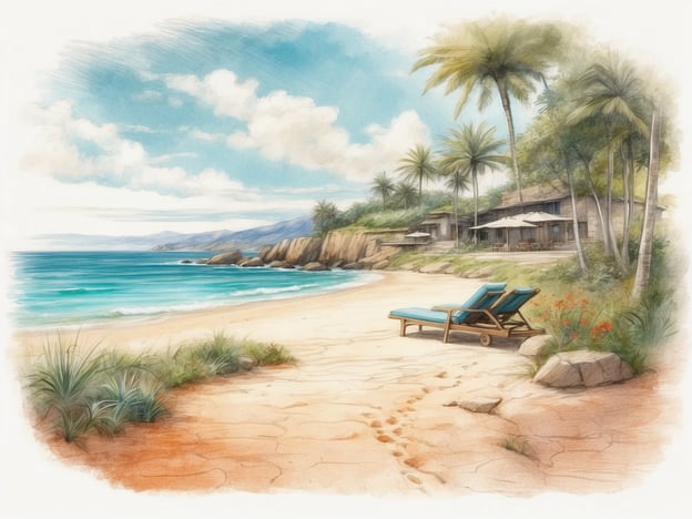 Auf dem Bild ist ein malerischer Strand zu sehen, der ideal für Freizeit- und Entspannungsmöglichkeiten ist. Die sanften Wellen des Meeres laden dazu ein, zu schwimmen oder einfach am Ufer zu sitzen und den Klang der Wellen zu genießen.
Die Liegestühle am Strand bieten einen perfekten Platz zum Sonnenbaden oder zum Lesen eines Buches. Die umgebenden Palmen und die schöne Landschaft schaffen eine entspannte Atmosphäre, die zu Spaziergängen am Strand oder zum Genießen von Picknicks einlädt. Auch die Möglichkeit, im Wasser zu planschen oder sportliche Aktivitäten wie Beachvolleyball zu unternehmen, ist gegeben. Insgesamt handelt es sich um einen Ort, der Entspannung und Erholung verspricht.
