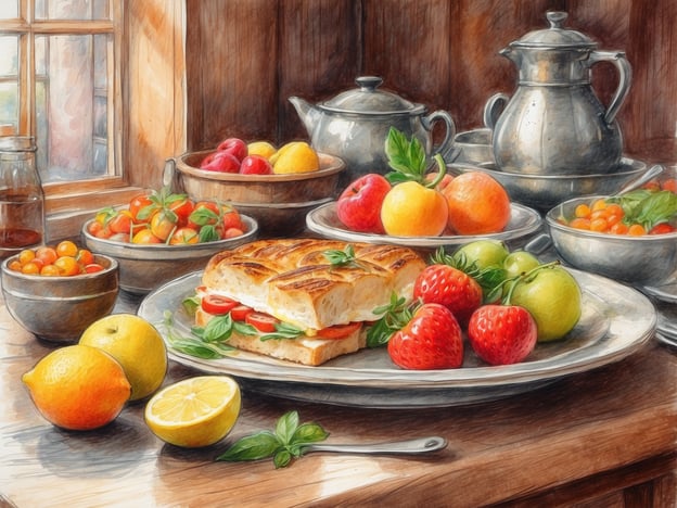 Auf dem Bild sind verschiedene kulinarische Highlights zu sehen. Im Vordergrund liegt ein schmackhaftes, gefülltes Gebäck, das frische Zutaten wie Tomaten und Kräuter enthält. Daneben sind saftige Erdbeeren und grüne Äpfel arrangiert, die das Auge erfreuen.
Im Hintergrund stehen mehrere Schüsseln mit einer bunten Vielfalt an Früchten, darunter Äpfel, Aprikosen und kleine Tomaten. Diese Auswahl an frischen Obstsorten ergänzt das Gesamtbild und vermittelt ein Gefühl von saisonaler Frische und Genuss. Zudem sind einige Teekannen und Geschirr aus Metall zu sehen, die auf eine gemütliche Teezeit hindeuten. Das gesamte Arrangement strahlt eine einladende und appetitliche Atmosphäre aus.
