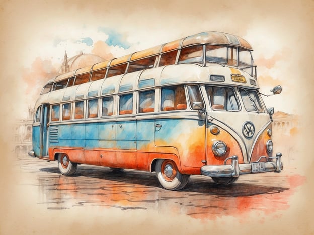 Auf dem Bild ist ein klassischer Volkswagen-Bus zu sehen, der in einem nostalgischen, aquarellartigen Stil dargestellt wird. Die Farben sind hauptsächlich Blau und Orange, was dem Fahrzeug ein fröhliches und einladendes Aussehen verleiht.
Besonderheiten des Busses sind die großen Fenster und das charakteristische Design, das ihn zu einem beliebten Symbol für Freiheit und Abenteuer gemacht hat. Der Bus scheint auch eine hohe Dachkonstruktion zu haben, die weitere Platzmöglichkeiten bietet.
Ein weiteres bemerkenswertes Detail ist das Schild an der Front, auf dem „DIE BAHN“ steht, was darauf hindeutet, dass er möglicherweise als öffentlicher Transport genutzt wird. Insgesamt verkörpert das Bild eine Retro-Atmosphäre und weckt Erinnerungen an Reisen und Roadtrips in vergangenen Jahrzehnten.