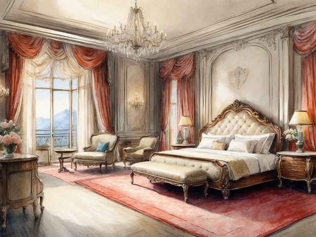 Auf dem Bild ist eine elegant eingerichtete Suite zu sehen. Der Raum verfügt über ein großes, gemütliches Bett mit luxuriöser Bettwäsche. Neben dem Bett befinden sich Nachttische mit stilvollen Lampen. Die Fenster sind mit schweren Vorhängen drapiert, die viel Licht hereinlassen und einen Blick auf die Landschaft bieten.
In der Suite gibt es auch gemütliche Sessel und einen Tisch, die zu einer Sitzecke gehören, sowie eine stilvolle Blumendekoration. Der Boden ist mit einem hübschen Teppich bedeckt, der dem Raum eine warme Atmosphäre verleiht. Die gesamte Gestaltung wirkt klassisch und einladend.