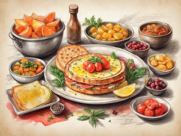 Auf dem Bild sind verschiedene kulinarische Genüsse zu sehen. Im Mittelpunkt steht ein ansprechend angerichtetes Sandwich, das mit frischen Tomaten, Kräutern und einer Eierschicht belegt ist. Dazu gibt es eine Zitronenscheibe für einen frischen Akzent.
Rund um das Sandwich sind mehrere Schalen mit Beilagen angerichtet. Diese umfassen frische, gesunde Salate mit Gemüse, würzige Beilagen aus Wurzelgemüse, und eine Vielzahl von Früchten, darunter orangefarbene Segmente und Beeren, die das gesamte Arrangement farbenfroh und einladend machen. Eine Flasche mit einer Soße oder Dressing ergänzt das köstliche Angebot. Alles zusammen wirkt es sehr appetitlich und einladend!
