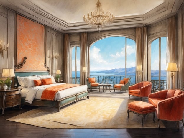 Auf dem Bild ist ein elegantes Hotelzimmer zu sehen. Es verfügt über ein stilvolles Bett mit Kissen und einem Bettüberwurf in warmen Orangetönen. An den Wänden sind dezente dekorative Elemente zu erkennen. Große Fenster bieten einen atemberaubenden Blick auf die Landschaft oder das Wasser, und das natürliche Licht fällt lichtdurchflutet in den Raum.
Im Zimmer stehen gemütliche Sessel in einer ähnlichen Farbpalette sowie ein kleiner Tisch. Der Boden ist mit einem weichen, hellen Teppich ausgelegt, und die Dekoration wirkt insgesamt sehr luxuriös und einladend. Die Atmosphäre ist sowohl elegant als auch entspannend, ideal für einen komfortablen Aufenthalt in einem gehobenen Hotel.