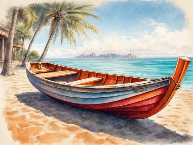 Auf dem Bild ist ein buntes Boot zu sehen, das an einem sonnigen Strand steht. Die Umgebung lädt zu verschiedenen Freizeitaktivitäten ein, wie zum Beispiel:
1. **Schwimmen**: Das klare Wasser ist ideal für einen erfrischenden Sprung ins Meer.
2. **Bootfahren**: Das Boot könnte für eine entspannende Tour auf dem Wasser genutzt werden.
3. **Schnorcheln**: In der Nähe des Strandes gibt es möglicherweise interessante Unterwasserwelten zu erkunden.
4. **Strandspaziergänge**: Der feine Sandstrand ist perfekt für gemütliche Spaziergänge.
5. **Entspannen unter Palmen**: Die schattenspendenden Palmen bieten einen idealen Platz zum Entspannen mit einem guten Buch.
Insgesamt vermittelt das Bild eine einladende und entspannte Atmosphäre, die zu zahlreichen Freizeitaktivitäten anregt.