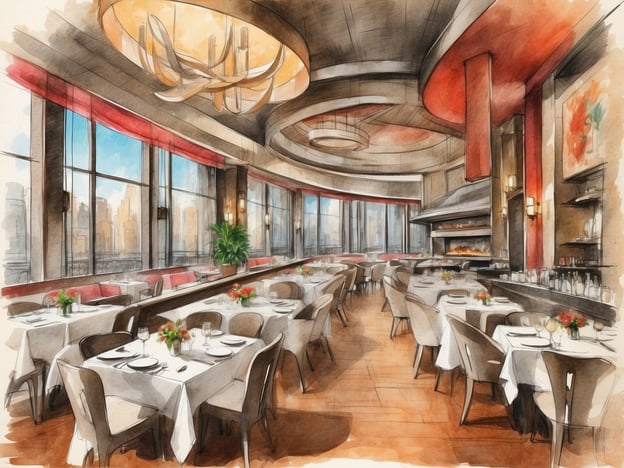 Auf dem Bild ist ein stilvolles Restaurant mit eleganter Einrichtung zu sehen. Die Tische sind mit weißen Tischdecken gedeckt und mit frischen Blumen dekoriert, was eine einladende Atmosphäre schafft.
Kulinarische Highlights könnten hier feine Gourmetgerichte beinhalten, die saisonale Zutaten und kreative Präsentationen betonen. Möglicherweise werden exklusive Weine angeboten, um das gastronomische Erlebnis zu vervollständigen.
Das Restaurant bietet wahrscheinlich einen atemberaubenden Blick auf die Stadt, was es zu einem idealen Ort für besondere Anlässe macht. Zudem könnte ein offener Kamin im Hintergrund für eine gemütliche Stimmung sorgen, während die Gäste ihr Essen genießen.