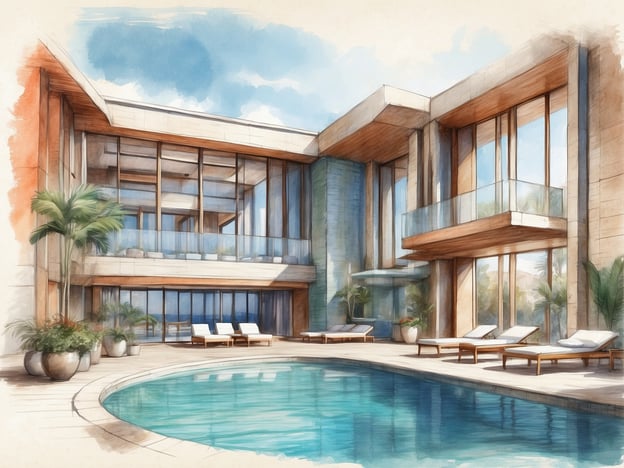 Auf dem Bild ist eine stilvolle, moderne Poollandschaft mit einem eleganten Gebäude zu sehen. Die Architektur zeichnet sich durch große Fenster und Holzverkleidungen aus, die Helligkeit und Offenheit vermitteln. Am Pool stehen bequeme Liegen und es sind angeordnete Pflanzen zu finden, die eine entspannende Atmosphäre schaffen.
Im Leonardo Suites Hotel können Gäste ähnliche Annehmlichkeiten erwarten, wie beispielsweise:
- **Entspannungsbereiche**: Schöne Liegen und Poolbereiche für Erholung und Sonnenbaden.
- **Wellness-Angebote**: Zugang zu Spa-Services und Fitnessmöglichkeiten.
- **Feine Gastronomie**: Restaurants, die regionale und internationale Küche anbieten.
- **Hervorragender Service**: Freundliches Personal, das stets um das Wohl der Gäste bemüht ist.
- **Moderne Zimmer**: Gut ausgestattete Suiten mit komfortablen Annehmlichkeiten.
Das Hotel bietet somit eine ideale Umgebung für eine entspannende Auszeit.