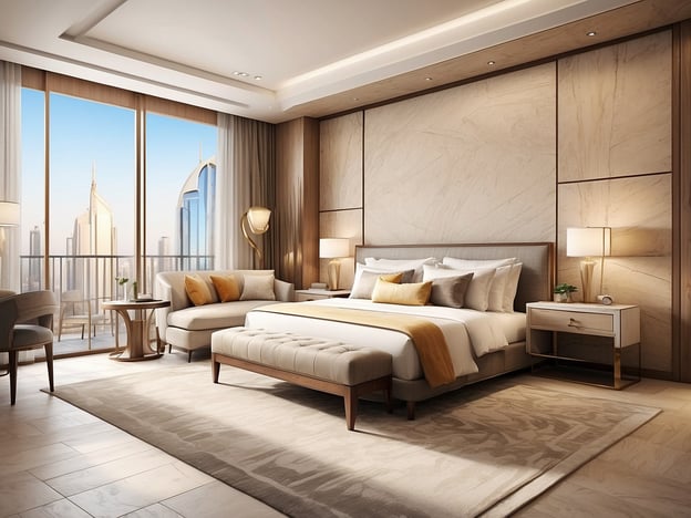 Das Bild zeigt ein elegantes und modernes Hotelzimmer im Millennium Al Barsha. Der Raum ist hell und luxuriös gestaltet, mit großen Fenstern, die einen Blick auf die Stadt bieten. Auf der linken Seite befindet sich eine bequeme Couch mit Kissen in warmen Farben, daneben ein kleiner Tisch. In der Mitte steht ein großes, einladendes Bett, das mit vollen Kissen und einer stilvollen Bettdecke ausgestattet ist. Ein Nachttisch mit einer Lampe und einer Pflanze ergänzt die Einrichtung. Der Boden ist mit einem weichen Teppich ausgelegt, was dem Raum eine gemütliche Atmosphäre verleiht.