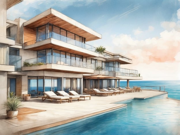 Auf dem Bild ist eine moderne Architektur mit mehreren Etagen zu sehen, die elegante Balkone und große Fenster hat, die einen Blick auf das Meer bieten. Es gibt Liegen und Sonnenschirme auf einer weitläufigen Terrasse neben einem Pool. Diese Art von Design spiegelt den luxuriösen Stil wider, der oft mit Hotels wie dem NYX Hotel Ibiza verbunden ist.
Das NYX Hotel Ibiza ist bekannt für seine stilvolle und entspannende Atmosphäre, die ideal für Urlauber ist, die sowohl Komfort als auch die Schönheit der mediterranen Umgebung genießen möchten. Es bietet zahlreiche Annehmlichkeiten, darunter einen Pool, Restaurants und gemütliche Lounges, die den Gästen einen unvergesslichen Aufenthalt ermöglichen. Die Kombination aus modernem Design und schöner Lage macht es zu einem beliebten Ziel auf Ibiza.