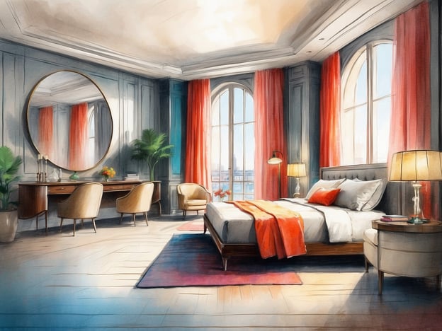 Auf dem Bild ist ein elegantes Hotelzimmer zu sehen, das an die Zimmer im NYX Hotel Bilbao erinnert. Das Zimmer bietet große Fenster mit Blick auf die Stadt, was für viel Tageslicht sorgt. Die stilvolle Einrichtung umfasst ein bequemes Bett mit dekorativen Kissen und einem Tagesbett, sowie einen modernen Schreibtisch und gemütliche Sessel.
Zusätzlich könnte man die warmen Farben der Vorhänge und die Dekoration erwähnen, die dem Raum eine einladende Atmosphäre verleihen. solch ein Zimmer würde wahrscheinlich auch Annehmlichkeiten wie kostenloses WLAN, einen Flachbildfernseher und eine Minibar bieten, was typisch für das NYX Hotel ist.