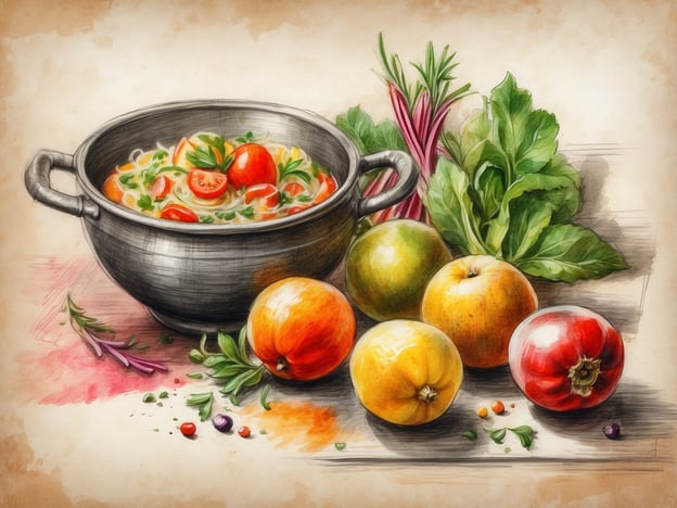 Das Bild zeigt eine ansprechende kulinarische Komposition, die verschiedene frische Zutaten präsentiert. Im Mittelpunkt steht ein schwarzer Kochtopf, der mit einer bunten Pasta oder Suppe gefüllt ist, garniert mit Kirschtomaten und Kräutern. Um den Topf herum liegen eine Auswahl an Gemüsesorten und Früchten, darunter Äpfel, Zitrusfrüchte und vermutlich auch einige blättrige Gemüse.
Diese Darstellungen könnten gut zur kulinarischen Welt des NYX Hotel Bilbao passen, wo frische, lokale Zutaten und kreative Gerichte im Vordergrund stehen, um den Gästen ein besonderes Geschmackserlebnis zu bieten. Die Verwendung von saisonalen und gesunden Zutaten spiegelt eine moderne und vielseitige Küche wider, die in einem Hotel wie dem NYX geschätzt wird.