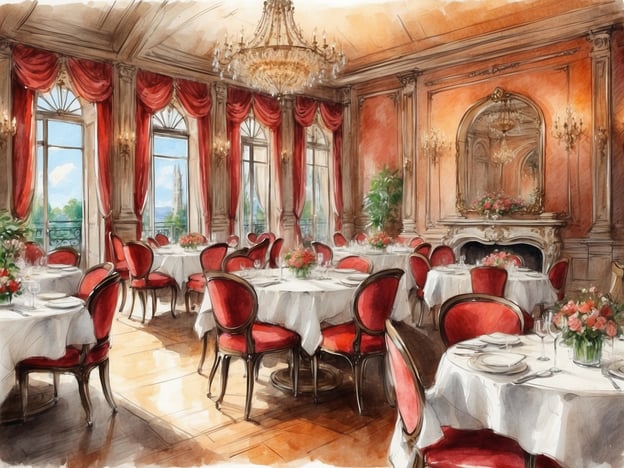 Auf dem Bild ist ein elegantes Hotelrestaurant zu sehen, das mit stilvollen runden Tischen und roten Stühlen ausgestattet ist. Die Tische sind liebevoll mit weißen Tischdecken und frisch geschmückten Blumenarrangements dekoriert, was eine einladende Atmosphäre schafft. Die großen Fenster ermöglichen einen herrlichen Blick nach draußen und lassen viel Licht herein, während der Kronleuchter im Raum für eine luxuriöse Note sorgt.
Kulinare Erlebnisse in einem solchen Ambiente könnten exquisite Menüs mit saisonalen Zutaten umfassen, begleitet von erlesenen Weinen. Gäste könnten beispielsweise ein mehrgängiges Dinner genießen, bei dem lokale Spezialitäten kreativ zubereitet werden, und den Abend mit einem feinen Dessert aus der hoteleigenen Patisserie ausklingen lassen. Zudem könnte ein aufmerksamer Service dazu beitragen, dass diese gastronomischen Erlebnisse unvergesslich werden.