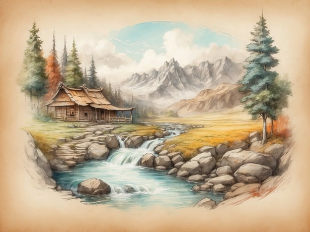 Auf dem Bild ist eine malerische Landschaft zu sehen. Im Vordergrund fließt ein klarer, blauer Bach, der über einige Steine hinweg plätschert. Rechts und links des Wassers wachsen verschiedene Bäume, die Frische und Leben in die Szenerie bringen.
In der Mitte steht eine gemütliche, kleine Hütte mit einem Strohdach, umgeben von grünen Wiesen. Im Hintergrund erheben sich majestätische Berge, deren Gipfel mit Wolken umhüllt sind. Die gesamte Umgebung strahlt Ruhe und Harmonie mit der Natur aus, ideal für eine Erkundung und ein Gefühl von Abgeschiedenheit.