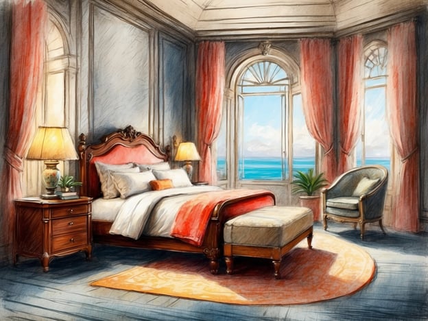 Auf dem Bild ist ein elegantes Schlafzimmer zu sehen. Es verfügt über ein großes Bett mit stilvollem Kopfteil, einen Nachttisch mit einer Lampe und einem kleinen Pflanzenarrangement. Die Fenster bieten einen wunderschönen Blick auf das Meer und lassen viel Tageslicht herein.
Für Zimmerbuchungen in einem solchen Ambiente könnten verschiedene Angebote zur Verfügung stehen, wie beispielsweise romantische Wochenenden, spezielle Schnäppchen für längere Aufenthalte oder Angebote mit Wellnessleistungen. Diese Möglichkeiten könnten ein hervorragendes Erlebnis für Gäste bieten, die einen entspannenden Aufenthalt suchen.