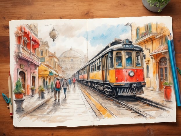 Auf dem Bild ist eine Aquarellzeichnung zu sehen, die eine malerische Stadtansicht mit einer Straßenbahn zeigt. Die Straßen sind gesäumt von farbenfrohen Gebäuden und kleinen Geschäften, und Passanten schlendern entlang der Straße.Diese Szene könnte für verschiedene Dienstleistungen und Angebote inspirieren, wie z.B.:1. **Tourismusangebote**: Stadtführungen, die historische und kulturelle Aspekte der Umgebung hervorheben.2. **Kunstworkshops**: Kurse zur Aquarellmalerei, die in solch einer inspirierenden Umgebung stattfinden können.3. **Café- oder Restaurantempfehlungen**: Lokale gastronomische Angebote, die sich in den dargestellten Geschäften befinden könnten.4. **Transportdienste**: Informationen zu Straßenbahnfahrkarten und Touren, die diese Straßenbahn nutzen.Insgesamt vermittelt das Bild eine einladende Atmosphäre, die das Interesse an Erkundungen und kulturellen Erlebnissen weckt.
