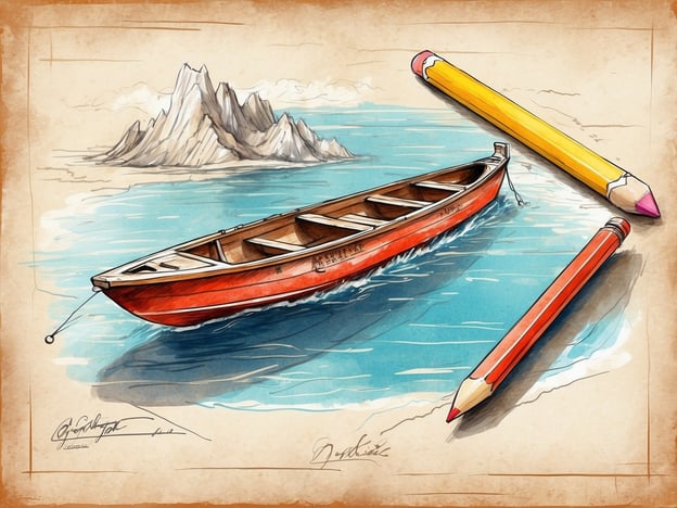 Auf dem Bild ist ein rotes Boot zu sehen, das auf einem ruhigen Gewässer schwimmt. Im Hintergrund erkennt man eine bergige Landschaft mit hohen Felsen, die aus dem Wasser herausragen. Neben dem Boot sind einige Buntstifte in verschiedenen Farben sichtbar.Für die Navigation in solch einer Umgebung könnte man ein Kompass oder ein GPS-Gerät verwenden, um den Kurs zu bestimmen. Hinsichtlich des Wetters wären ein Barometer zur Messung des Luftdrucks und ein Thermometer zur Temperaturüberwachung nützlich, um die Wetterbedingungen einschätzen zu können.