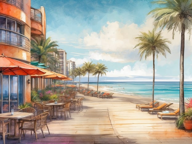 Auf dem Bild ist eine malerische Küstenansicht zu sehen, die von Palmen und Cafés gesäumt ist. Es gibt orangefarbene Sonnenschirme und Liegen am Strand, die zu einer entspannenden Atmosphäre einladen. Der Himmel ist klar und die Wellen des Meeres sind sanft.Entdecke das Leonardo Hotel Brighton, wo du eine ähnliche entspannende Umgebung genießen kannst, die ideal für Erholung und Erkundung ist.