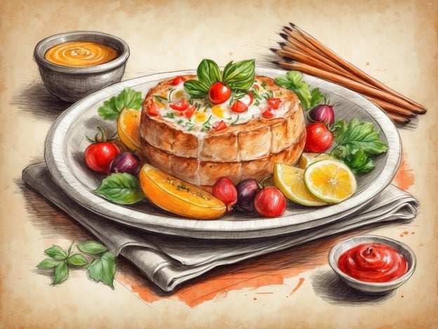 Auf dem Bild ist ein kunstvoll angerichtetes Gericht zu sehen, das einen herzhaften Brotaufschnitt in der Mitte zeigt, umgeben von frischen Zutaten wie Tomaten, Zitrusfrüchten und Kräutern. Dazu gibt es verschiedene Soßen in kleinen Schalen.In der Umgebung könnte man kulinarische Highlights wie frische Meeresfrüchte, handgemachte Pasta oder lokale Käsespezialitäten finden. Besonders empfehlenswert wären auch regionale Märkte, wo man saisonale Früchte und Gemüse entdecken kann, die perfekt zu solchen Gerichten passen.