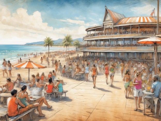 Auf dem Bild ist eine belebte Strandpromenade zu sehen, die an einen lebhaften Strand in Brighton erinnert. Es scheint, als ob viele Menschen die Sonne genießen und sich entspannen. Die Szenen könnten Aktivitäten wie Schwimmen, Beachvolleyball oder einfaches Sonnenbaden darstellen, die typisch für die Strände von Brighton sind.An der Promenade könnten Besucher in Cafés oder Restaurants sitzen, die für ihre Freizeitangebote bekannt sind, während andere passierend bummeln. Events wie Strandfestivals, Märkte oder Live-Musikveranstaltungen sind in Brighton ebenfalls denkbar und würden solche Lebensfreude und Menschenansammlungen anziehen.Zusammengefasst spiegelt das Bild die lebendige Strandkultur von Brighton wider, wo das Zusammensein und das Genießen der Sommeraktivitäten im Vordergrund stehen.