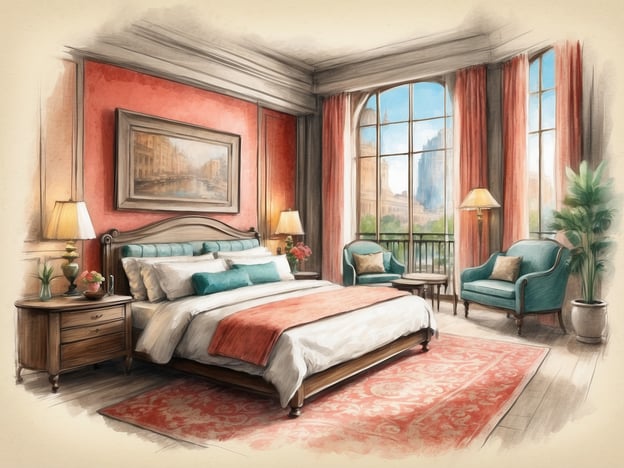 Auf dem Bild ist ein elegant gestaltetes Schlafzimmer zu sehen. Die Wände sind in einem warmen Rotton gehalten, was eine gemütliche Atmosphäre schafft. Es gibt ein großes Bett mit weichen Kissen und einer dekorativen Decke. Neben dem Bett steht ein Nachttisch mit einer Lampe und frischen Blumen, was zusätzliche Annehmlichkeiten bietet.
Die Fenster zeigen einen schönen Ausblick, und der Raum ist mit stilvollen Sesseln und einem kleinen Tisch eingerichtet, ideal für entspannte Momente. Die Lampen und die Pflanze tragen zur wohnlichen Atmosphäre bei. Insgesamt vermittelt der Raum den Eindruck von Komfort und Eleganz, was ihn zu einem einladenden Rückzugsort macht.