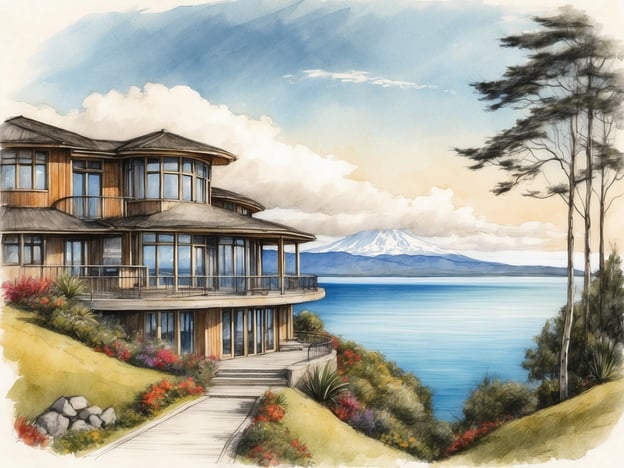 Das Bild zeigt das Millennium Hotel and Resort Manuels in Taupo. Die Architektur des Gebäudes ist modern und großzügig mit großen Fenstern, die einen Blick auf den See bieten. Um das Hotel sind üppige Gärten mit verschiedenen Blumen und Pflanzen angelegt. Im Hintergrund ist der ruhige Taupo-See zu sehen, und dahinter erhebt sich ein majestätischer schneebedeckter Berg unter einem klaren blauen Himmel mit einigen Wolken. Der Gesamtanblick vermittelt eine friedliche und einladende Atmosphäre.