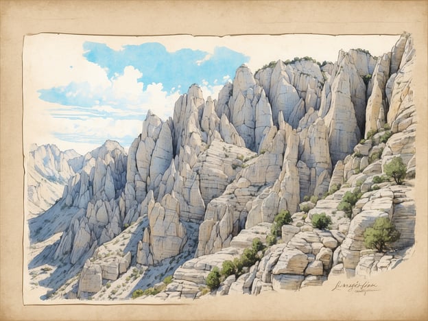 Auf dem Bild sind majestätische, spitze Felsen zu sehen, die an die charakteristischen Kalksteinlandschaften in Südfrankreich erinnern. Beliebte Klettergebiete, die mit solchen Landschaften assoziiert werden, sind unter anderem die „Calanques“ bei Marseille, der „Verdon Gorge“ und die „Sainte-Victoire“. Diese Gebiete sind bekannt für ihre beeindruckenden Felsformationen und bieten eine Vielzahl von Kletterrouten für unterschiedliche Schwierigkeitsgrade.