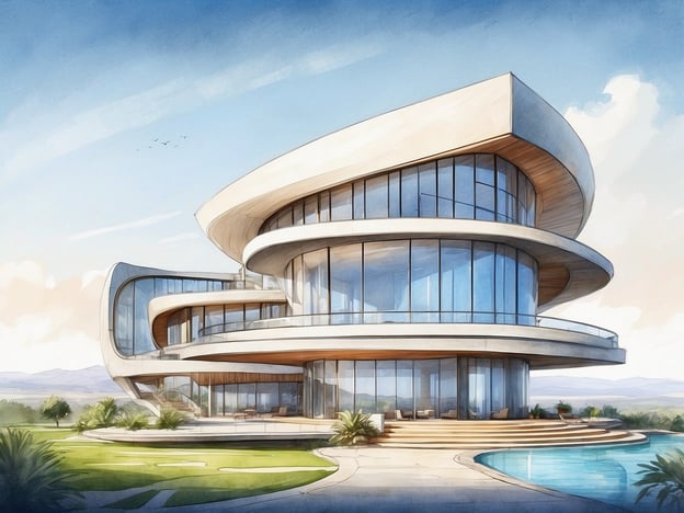 Auf dem Bild ist eine moderne Architektur zu sehen, die sich durch fließende Linien und gekrümmte Formen auszeichnet. Das Gebäude hat große Fensterflächen, die viel natürliches Licht hereinlassen und einen offenen Blick auf die Umgebung bieten. Die Fassade besteht aus einer Kombination von Holz und Glas, was einen eleganten und zeitgenössischen Eindruck vermittelt.
Die Ausstattung scheint luxuriös zu sein, mit einer großzügigen Terrasse und einem Pool, der das Gesamtbild harmonisch ergänzt. Die umliegende Landschaft ist gepflegt und trägt zur einladenden Atmosphäre des Hauses bei. Insgesamt vermittelt die Architektur eine Atmosphäre von Modernität und Komfort.