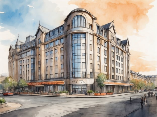 Das Bild zeigt das Millennium Hotel Glasgow in einer künstlerischen Aquarelldarstellung. Das Gebäude präsentiert sich mit einer eleganten Fassade, großen Fenstern und einem geschwungenen Dach. Im Vordergrund sind Straßen und Gehwege zu sehen, auf denen Menschen unterwegs sind. Die Umgebung ist von Bäumen und Pflanzkübeln geprägt, und es gibt eine Markise über dem Eingangsbereich des Hotels. Der Himmel ist blau mit leicht orangefarbenen Wolken, was eine einladende Atmosphäre schafft.