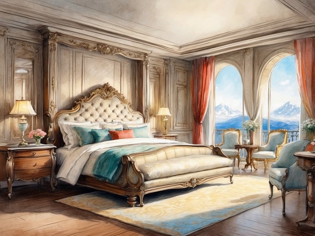 Auf dem Bild ist ein luxuriöses Hotelzimmer zu sehen. Es verfügt über ein elegantes, gepolstertes Bett mit einer kunstvoll gestalteten Rückenlehne. Die Farbgebung des Zimmers ist hell und einladend, mit sanften Blau- und Türkistönen, die mit weißen und cremefarbenen Akzenten kombiniert sind.
Es gibt zwei Holz-Nachttische, auf denen Lampen und Blumenvasen stehen. Große Fenster lassen viel Tageslicht herein und bieten einen herrlichen Blick auf die Berglandschaft außerhalb. Die Fenster sind mit roten Vorhängen dekoriert, die dem Raum eine warme Note verleihen.
In der Nähe des Fensters stehen stilvolle Sessel und ein kleiner Tisch, was auf eine gemütliche Sitzecke hinweist. Der Boden ist aus Holz und mit einem eleganten Teppich bedeckt, der dem Raum eine zusätzliche Weichheit und Wärme verleiht. Insgesamt strahlt das Zimmer Luxus und Komfort aus, ideal für entspannende Aufenthalte.