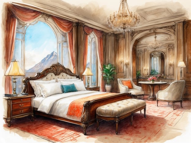 Auf dem Bild ist ein elegantes Schlafzimmer zu sehen. Es ist stilvoll eingerichtet mit einem großen, bequemen Bett, das mit weichen Kissen dekoriert ist. Die Fenster bieten einen atemberaubenden Ausblick auf die Berge, während die Vorhänge dem Raum eine gemütliche Atmosphäre verleihen.
Annehmlichkeiten in diesem Zimmer könnten eine gemütliche Sitzecke mit einem Tisch und Pflanzen umfassen, die für eine entspannende Ambiente sorgen. Zudem verleiht ein großer Kronleuchter dem Raum einen Hauch von Luxus. Die Nachttische, ausgestattet mit Lampen, und der elegante Teppich tragen ebenfalls zum Komfort bei. Dieses Zimmer bietet verschiedene Dienstleistungen, wie z. B. Zimmerservice oder ein hochwertiges Bettzeug, um den Aufenthalt besonders angenehm zu gestalten.