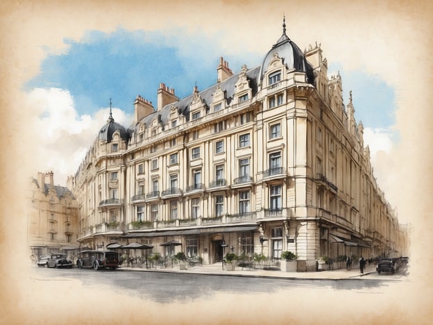 Das Bild zeigt das Millennium Hotel London Knightsbridge, ein elegantes, historisches Gebäude mit einer prachtvollen Fassade. Die Architektur des Hotels ist im klassischen Stil gehalten, mit großen Fenstern und dekorativen Elementen. Vor dem Hotel stehen mehrere Fahrzeuge, die aus einer vergangenen Zeit stammen, während Fußgänger die Straßenseite entlang gehen. Der Himmel im Hintergrund ist klar mit einigen Wolken, was dem Gesamteindruck einladende Stimmung verleiht. Die Details der Fassade und die stilvollen Sonnenschirme vor den Eingängen unterstreichen den charmanten Charakter des Hotels.