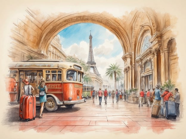 Auf dem Bild ist eine malerische Szene in einer Stadt zu sehen, die stark an Paris erinnert. Im Vordergrund stehen zwei Reisende mit Koffern, während ein nostalgischer Bus hält. Der ikonische Eiffelturm ist im Hintergrund sichtbar.
Diese Darstellung könnte verschiedenen Dienstleistungen und Angeboten entsprechen, wie zum Beispiel:
1. **Stadtführungen**: Entdecken Sie die Sehenswürdigkeiten von Paris mit lokalen Führern.
2. **Transportdienste**: Shuttle- und Busservices bieten einfache Möglichkeiten, sich in der Stadt fortzubewegen.
3. **Unterkunft**: Empfehlungen für Hotels und Pensionen in der Nähe der wichtigsten Attraktionen.
4. **Reiseangebote**: Pauschalreisen, die Transport, Unterkunft und Führungen kombinieren.
Diese Elemente zeigen, wie man das Beste aus einem Besuch in einer solchen Stadt machen kann.