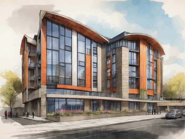 Auf dem Bild ist eine künstlerische Darstellung des Leonardo Hotels in Edinburgh Murrayfield zu sehen. Das Gebäude hat eine moderne Architektur mit großen Fensterfronten und einem dynamischen Dachdesign. Die Fassade zeigt eine Kombination aus hellen und dunklen Materialien sowie orangefarbenen Akzenten, die dem Hotel ein ansprechendes und zeitgemäßes Aussehen verleihen.
Das Leonardo Hotel Edinburgh Murrayfield ist bekannt für seine komfortablen Unterkünfte, die ideale Lage in der Nähe von Sehenswürdigkeiten und gute Anbindung an öffentliche Verkehrsmittel. Es bietet eine Vielzahl von Annehmlichkeiten wie Konferenzräume, ein Fitnesscenter und ein Restaurant, was es sowohl für Geschäftsreisende als auch für Urlauber attraktiv macht.