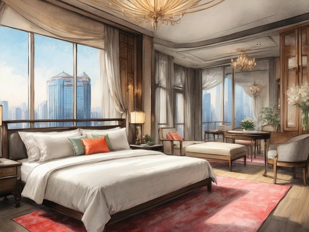 Das Bild zeigt ein luxuriöses Hotelzimmer im Millennium Hotel Taichung mit einem großen Bett, eleganter Bettwäsche und farbigen Kissen. Großen Fenstern bieten einen weiten Blick auf die Skyline der Stadt. Der Raum ist geschmackvoll mit einem Teppich, einem vollbepflanzten Tisch und stilvollen Möbeln ausgestattet, darunter ein Sessel und ein Nachttisch mit einer Lampe. Dezente Vorhänge und eine stilvolle Deckenleuchte tragen zur eleganten Atmosphäre bei.